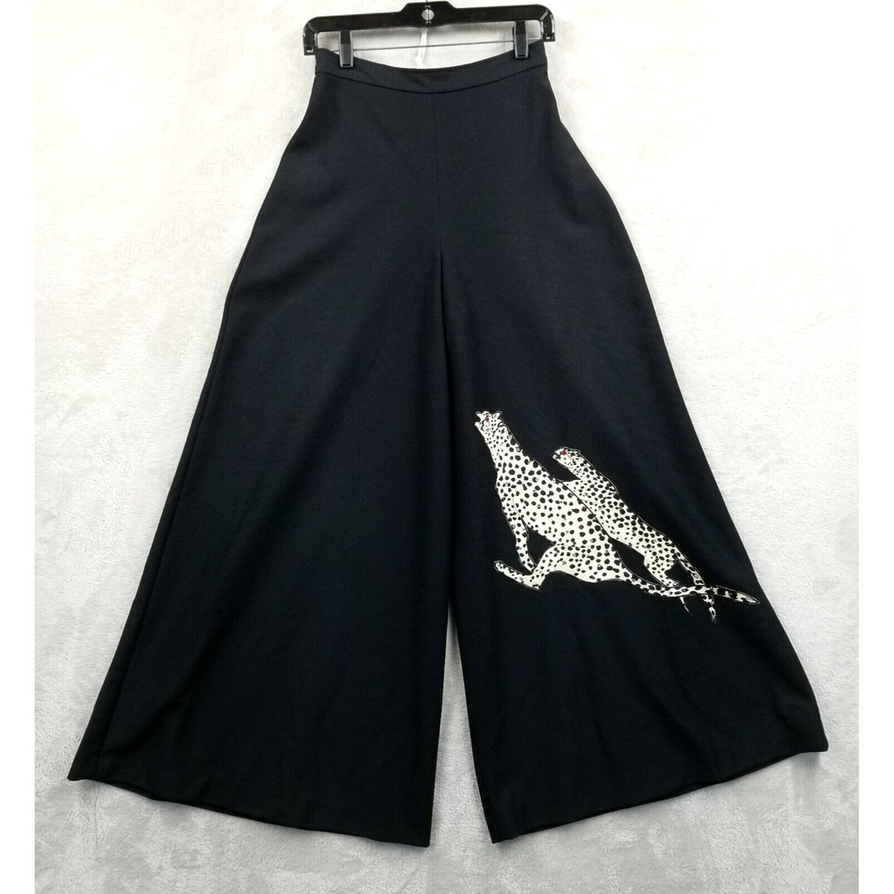 Vintage Pants Women XS Black Leopard Extra Wide Leg Maxi Rhinestone Ricky‎ Ann